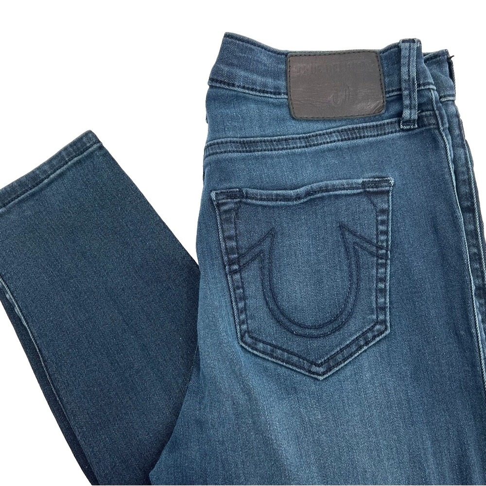 TRUE RELIGION Women's 28 Dark-Wash Halle Mid-Rise Super Skinny Moto Crop Jeans